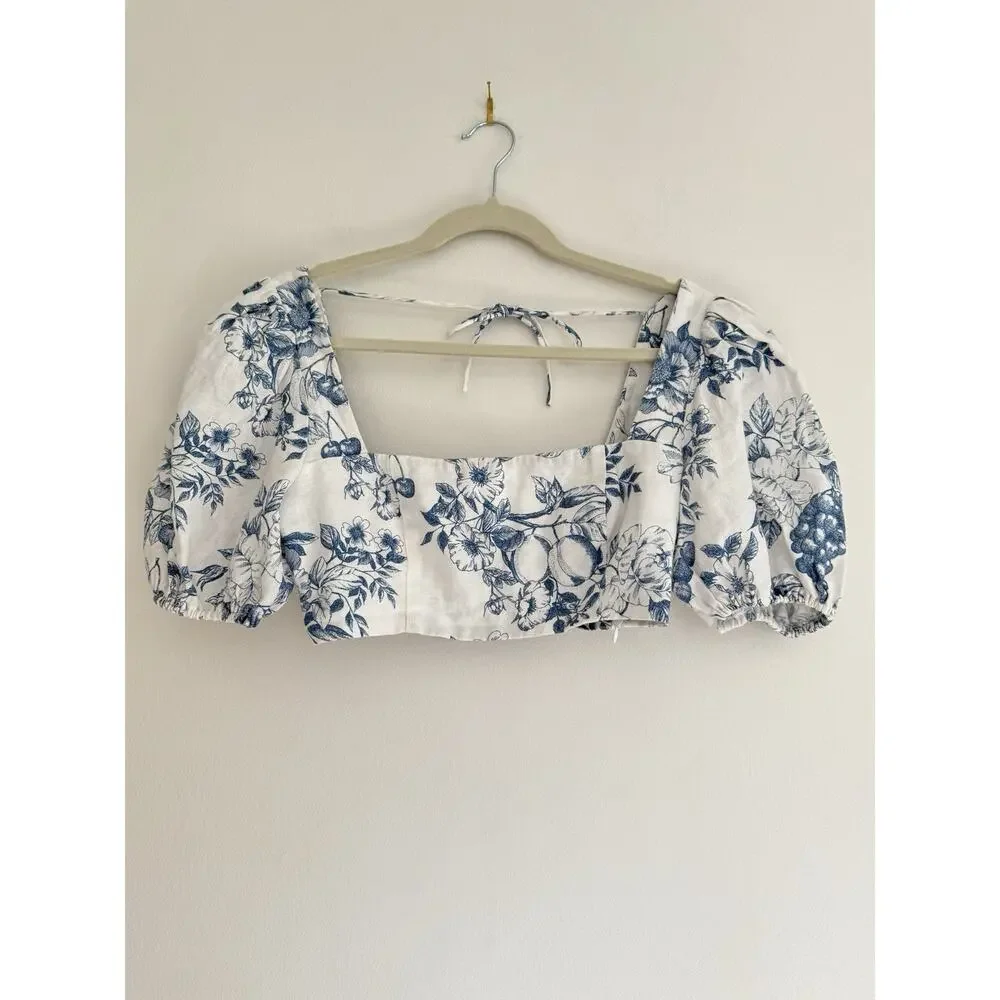 Reformation Jonas Linen 2 Piece Skirt Top Floral Sz 6 Blue White Set Resort